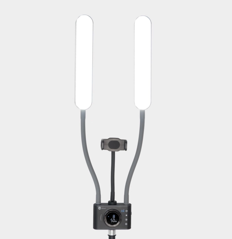 Lampa kosmetyczna Duo Studio dwuramienna CZARNA na statywie z panelami LED i uchwytem na telefon
