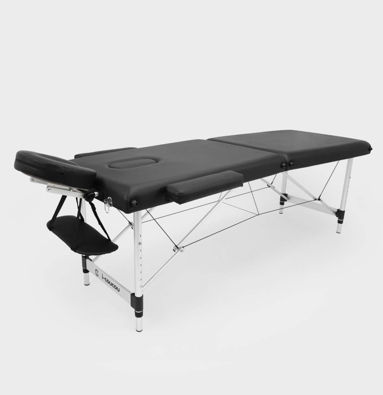 Łóżko kosmetyczne aluminiowe i-coucou czarne 60cm w pełnym rozłożeniu z zagłówkiem