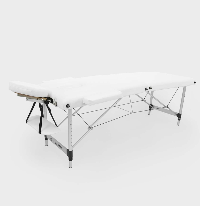 Łóżko kosmetyczne aluminiowe i-coucou 60cm białe - widok główny z zagłówkiem i podłokietnikami