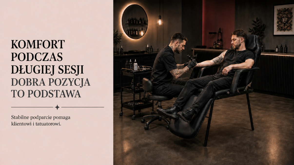 Tatuator pracujący przy kliencie na regulowanym fotelu-leżance